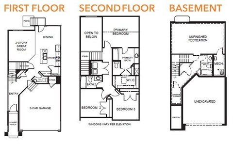 Floor plan for 3 beds, 2.5 baths, 1595 sqft
