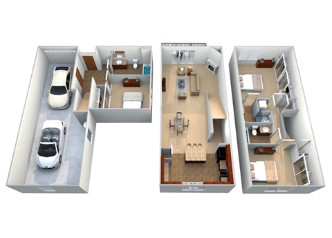 Floor plan for 3 beds, 3 baths, 1387 sqft