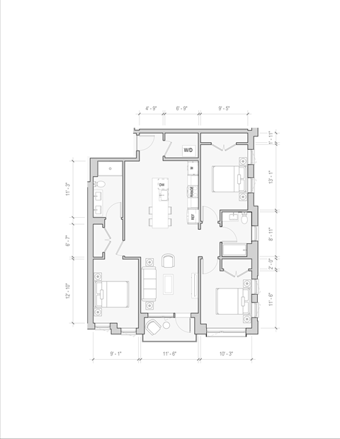 Floor plan for 2 beds, 2 baths, 1258 sqft