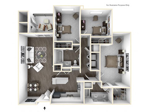 Floor plan for 3 beds, 2 baths, 1227 sqft