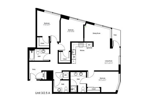 Floor plan for 3 beds, 2.5 baths, 1402 sqft