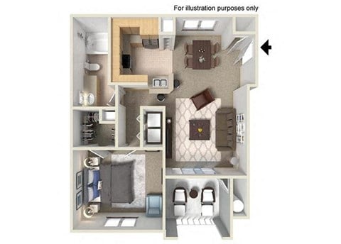 Floor plan for 1 bed, 1 bath, 730 sqft