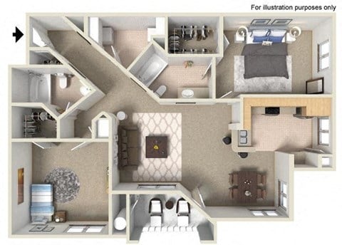 Floor plan for 2 beds, 2 baths, 1249 sqft