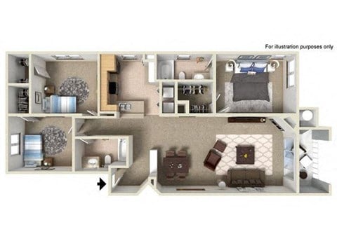 Floor plan for 3 beds, 2 baths, 1324 sqft