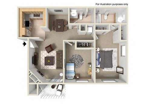 Floor plan for 2 beds, 2 baths, 900 sqft
