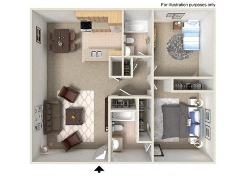 Floor plan for 2 beds, 2 baths, 1000 sqft