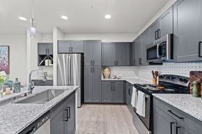 Prosper apartment for rent - A modern kitchen with grey cabinets and a white countertop.