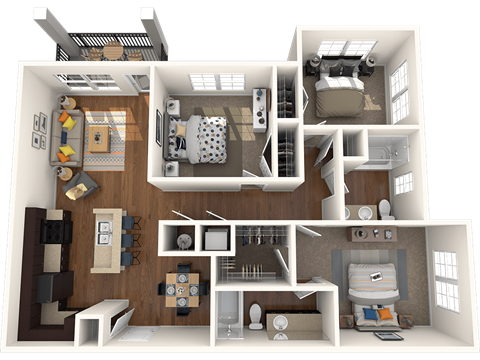 Floor plan for 3 beds, 2 baths, 1283 sqft