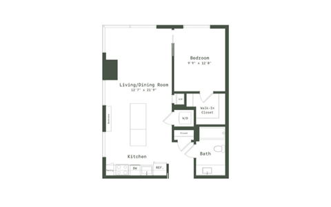 Floor plan for 1 bed, 1 bath, 705 sqft