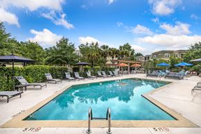 Charleston apartment for rent - A large swimming pool surrounded by lounge chairs and umbrellas.