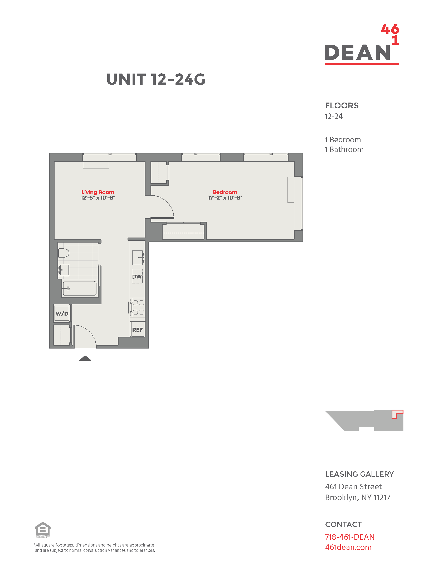Floor plan for 1 bed, 1 bath, 606 sqft