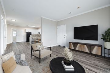 Fayetteville apartment for rent - A living room with a black sofa and a black television.