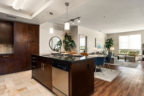 Anaheim apartment for rent - A modern kitchen with dark wood cabinets and a large island.