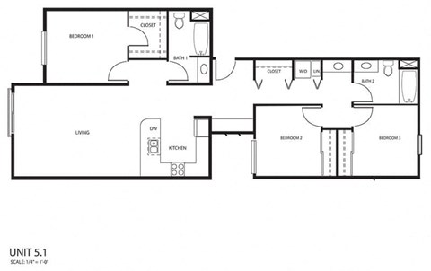 Floor plan for 3 beds, 2 baths, 1244 sqft