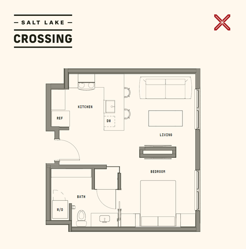 Floor plan for 1 bed, 1 bath, 528 sqft