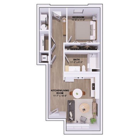 Floor plan for 1 bed, 1 bath, 730 sqft
