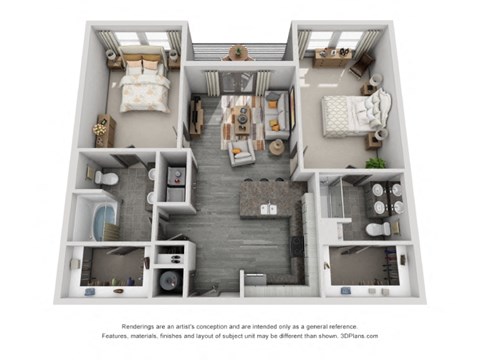 Floor plan for 2 beds, 2 baths, 1169 sqft
