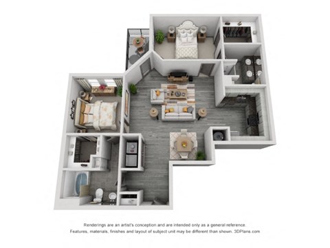 Floor plan for 2 beds, 2 baths, 1198 sqft