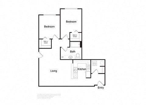 Floor plan for 2 beds, 1 bath, 849 sqft