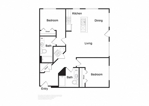 Floor plan for 2 beds, 2 baths, 999 sqft