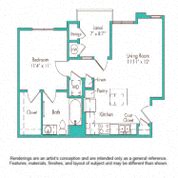 Floor plan for 1 bed, 1 bath, 587 sqft