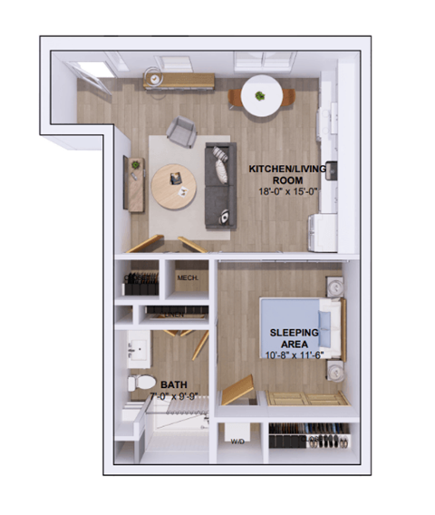 Floor plan for studio, 1 bath, 620 sqft
