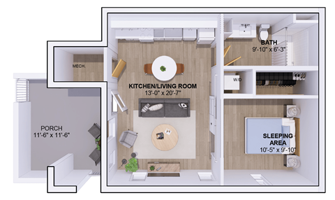 Floor plan for studio, 1 bath, 595 sqft