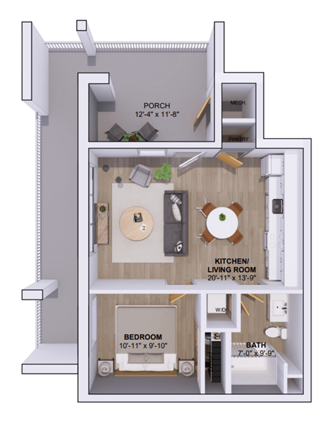 Floor plan for 1 bed, 1 bath, 570 sqft