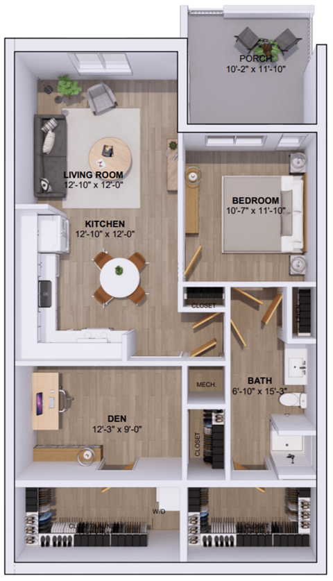 Floor plan for 1 bed, 1 bath, 955 sqft