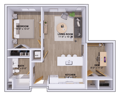 Floor plan for 1 bed, 1 bath, 805 sqft