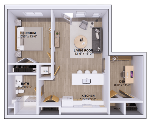 Floor plan for 1 bed, 1 bath, 805 sqft