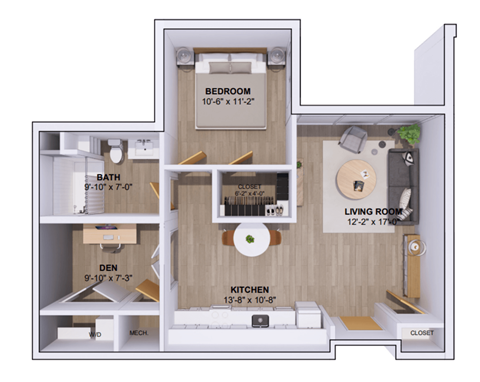 Floor plan for 1 bed, 1 bath, 760 sqft