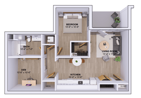 Floor plan for 1 bed, 1 bath, 860 sqft