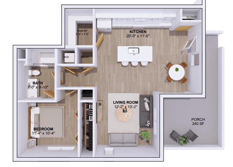 Floor plan for 1 bed, 1 bath, 880 sqft