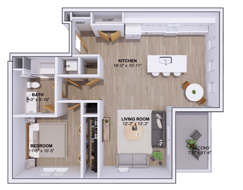 Floor plan for 1 bed, 1 bath, 880 sqft