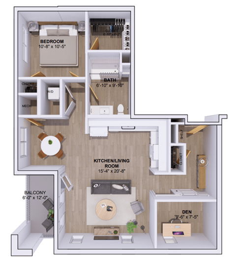 Floor plan for 1 bed, 1 bath, 940 sqft