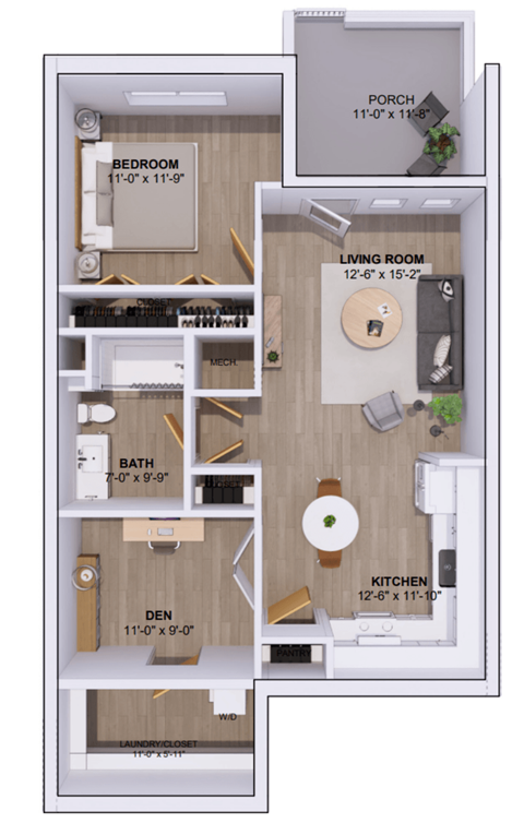 Floor plan for 1 bed, 1 bath, 865 sqft
