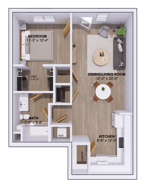 Floor plan for 1 bed, 1 bath, 750 sqft