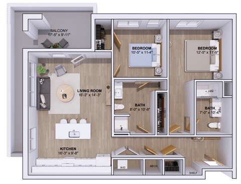 Floor plan for 2 beds, 2 baths, 1185 sqft