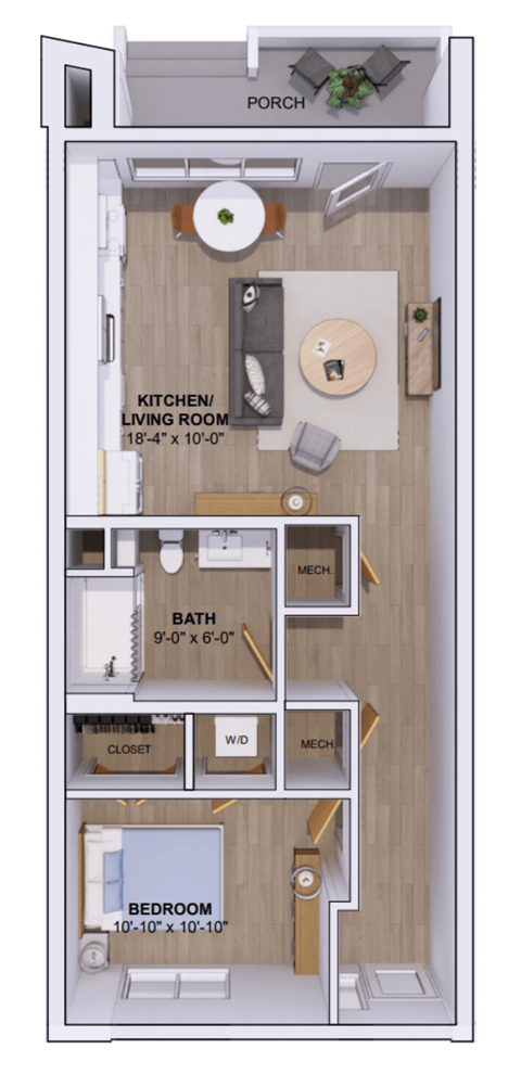 Floor plan for 1 bed, 1 bath, 720 sqft