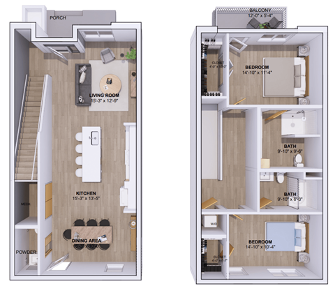 Floor plan for 2 beds, 2.5 baths, 1550 sqft