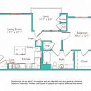 Floor plan for 1 bed, 1 bath, 641 sqft
