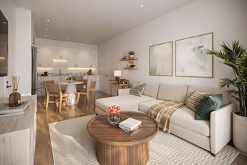 Vallejo apartment for rent - A modern living room with a white sofa and wooden coffee table.