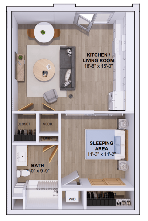 Floor plan for studio, 1 bath, 640 sqft