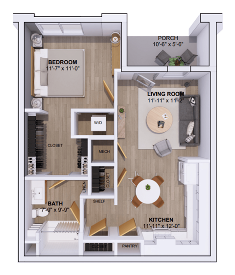 Floor plan for 1 bed, 1 bath, 695 sqft