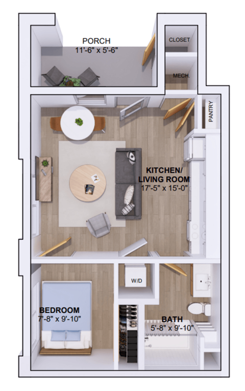 Floor plan for 1 bed, 1 bath, 505 sqft