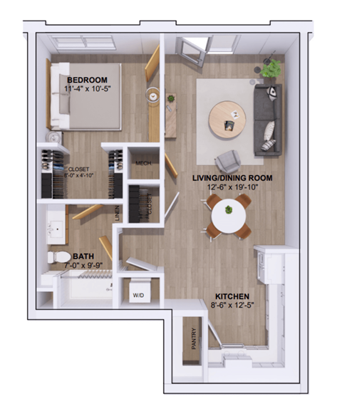 Floor plan for 1 bed, 1 bath, 750 sqft