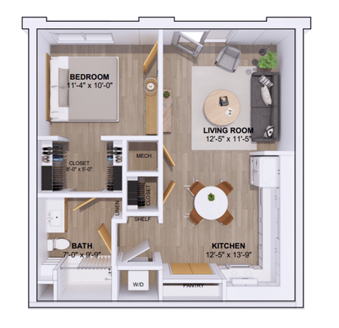 Floor plan for 1 bed, 1 bath, 670 sqft