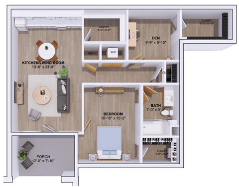 Floor plan for 1 bed, 1 bath, 1005 sqft