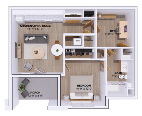 Floor plan for 1 bed, 1 bath, 755 sqft
